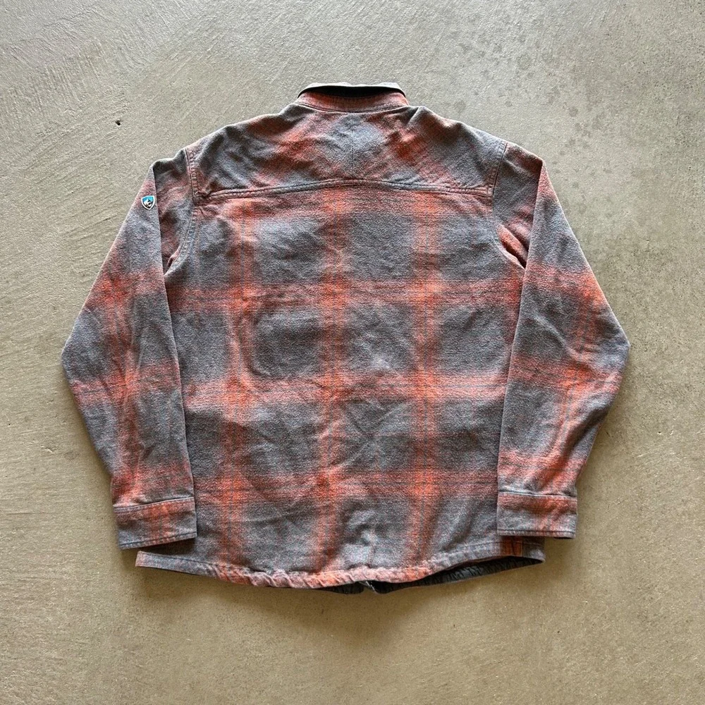 Kuhl Joyrydr Shirt Jacket Men XL Orange Gray Plaid Fleece Button Up Shacket 7516